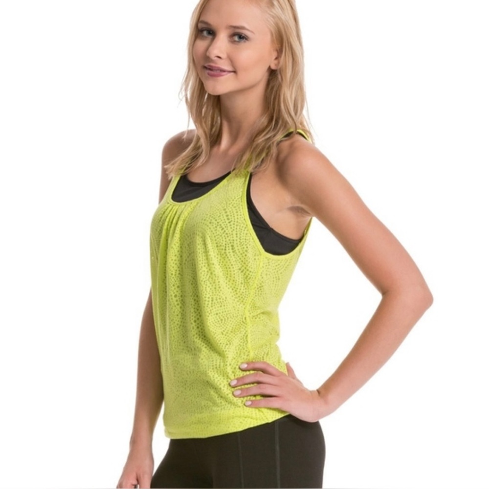 prAna Mika Tank Top Yellow Black Burnout Material Racerback Scoop Neck Layered